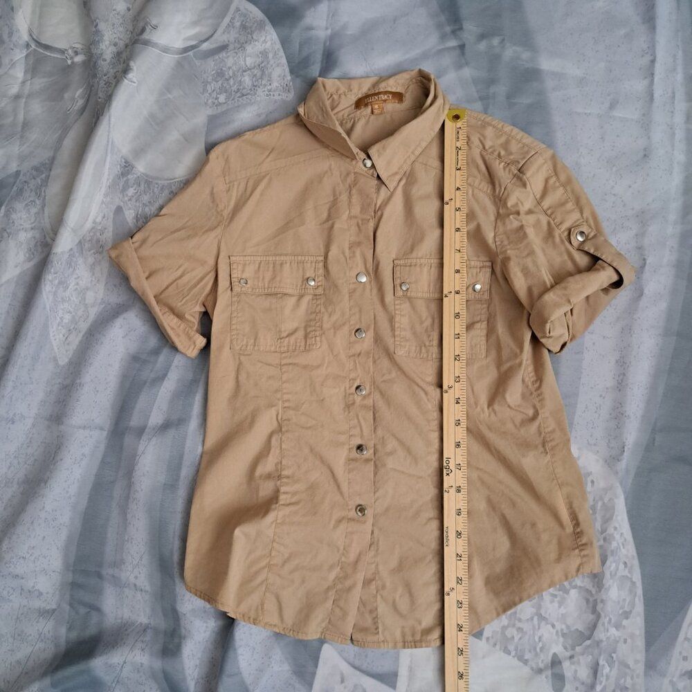 ​Ellen Tracy  Blouse Top Shirt Roll Tab Sleeves snap Up Stretch Size 6 - Picture 8 of 8